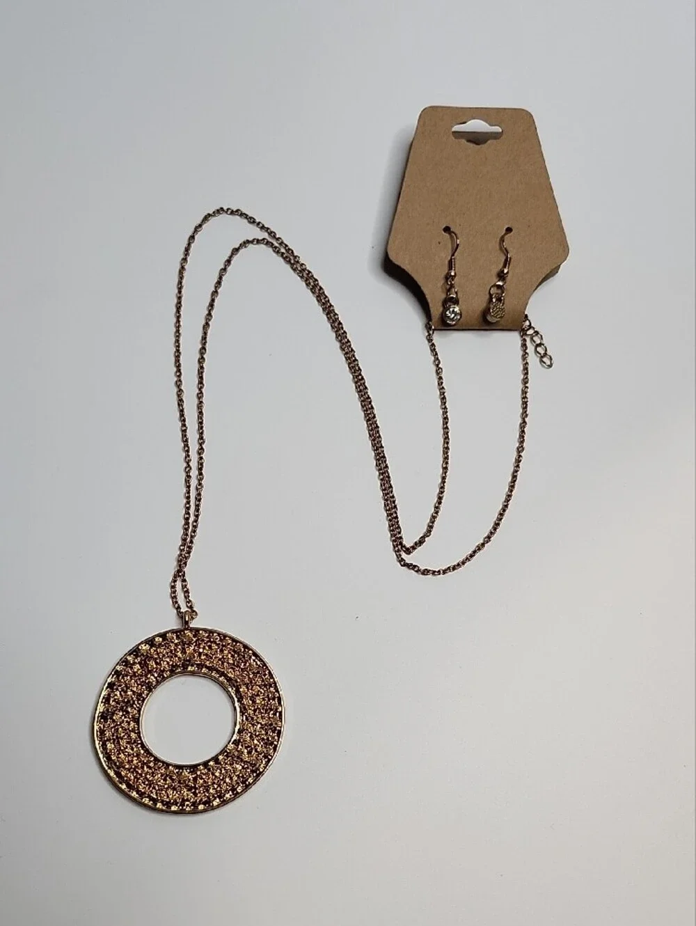 Necklace and Earrings Set Gold-Tone Pave Circle Pendant - Picture 2 of 2